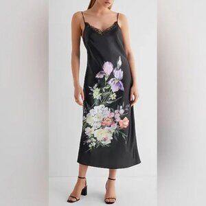 Beautiful, feminine satin floral lace trimmed midi slip dress - NWT - Sz XS